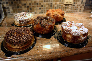 Shloimy’s Bake Shoppe in Borough Park, Brooklyn makes five different flavors of babka. From left to right: Chocolate chip, Meltaway, Chocolate, Cinnamon, and Vanilla. Photo: Mary Wojcik