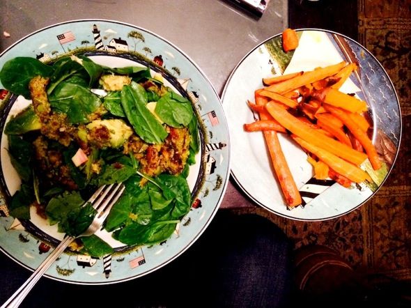 Spinach with veggie burger, carrots and sweet potatoes. Photo: U-Jin Lee.