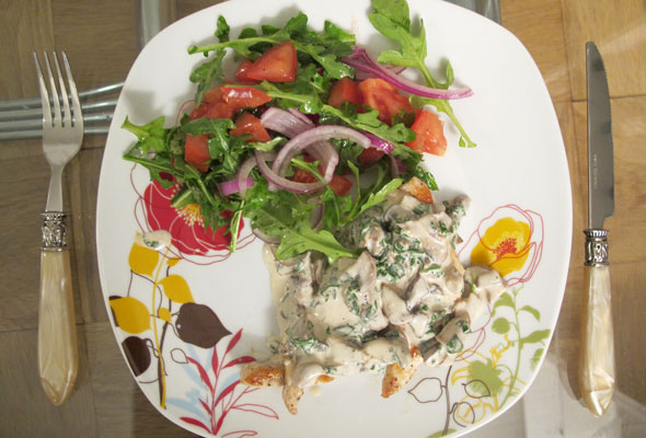 Maggie’s plate: chicken with creamy mushrooms and arugula salad. Photo: Kiley Bense.