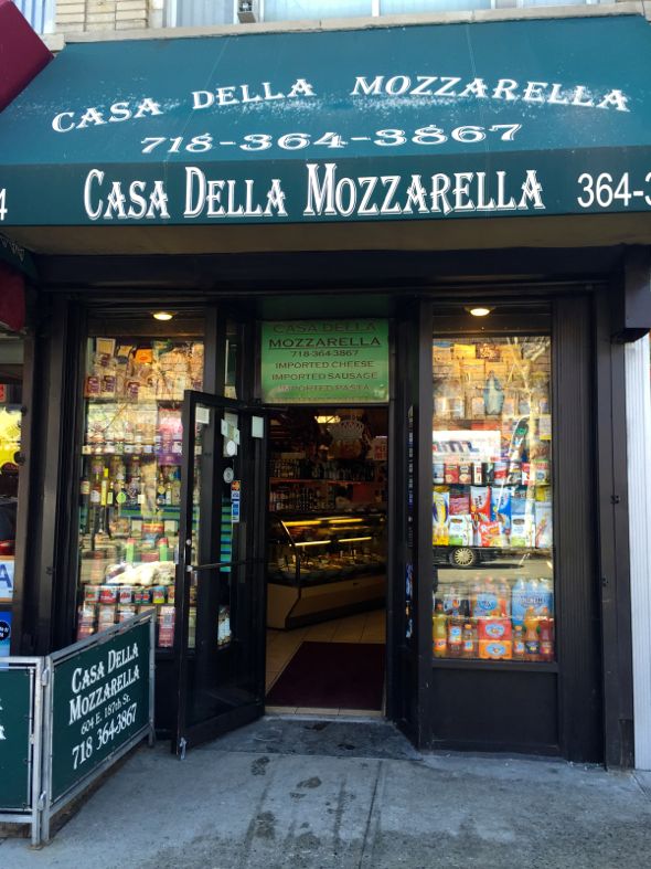 The store front of Casa Della Mozzarella on E 187th Street in the Belmont section of the Bronx. Photo: Jordan Muto 