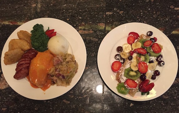 Left: The Polish platter includes a stuffed cabbage, beef goulash, mashed potatoes, pierogis and sausage. Right: Christina's signature cheese blintzes with fruit on top. Photo: Brittany Robins