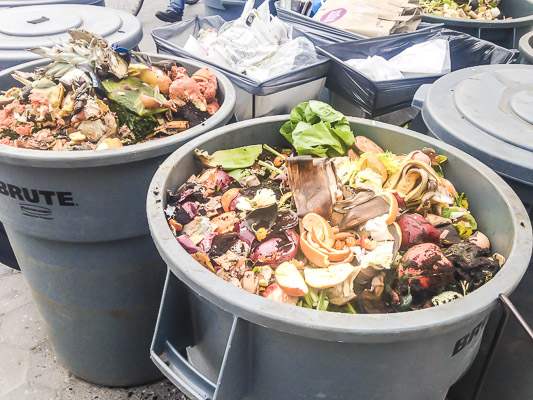 Bins with fruit and vegetable peels, tea bags and dirt serve as the compost center at the GrowNYC Farmer's Market at Union Square.
