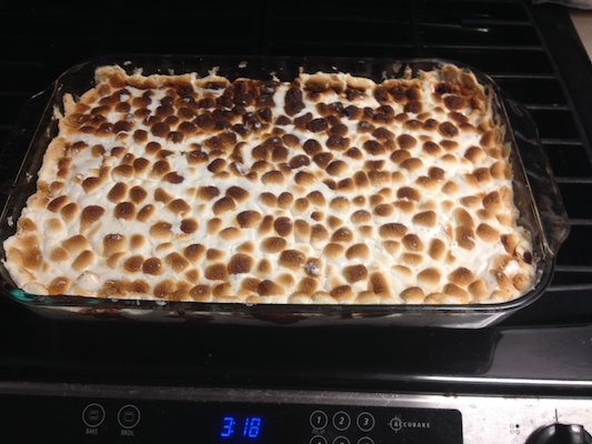 Hot out of the oven: a layer of broiled marshmallows melt over the brownies. Photo: Brittany Robins.