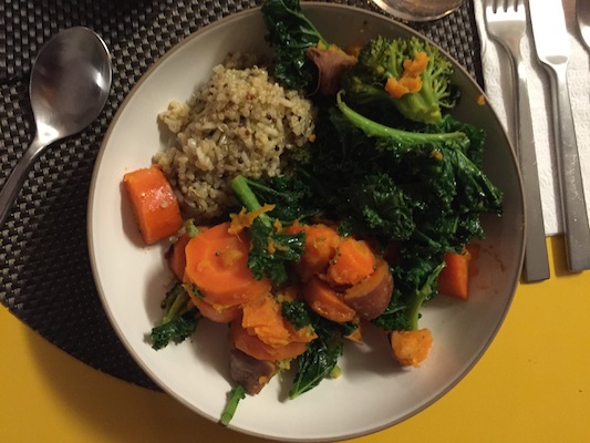 The macrobiotic plate consists of steamed carrots, squash, kale, broccoli and quinoa. Photo: Brittany Robins.