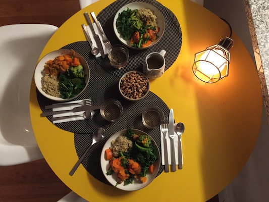 The macrobiotic plates are served for dinner with a side of black-eyed peas, tahini sauce and rosé. Photo: Brittany Robins.