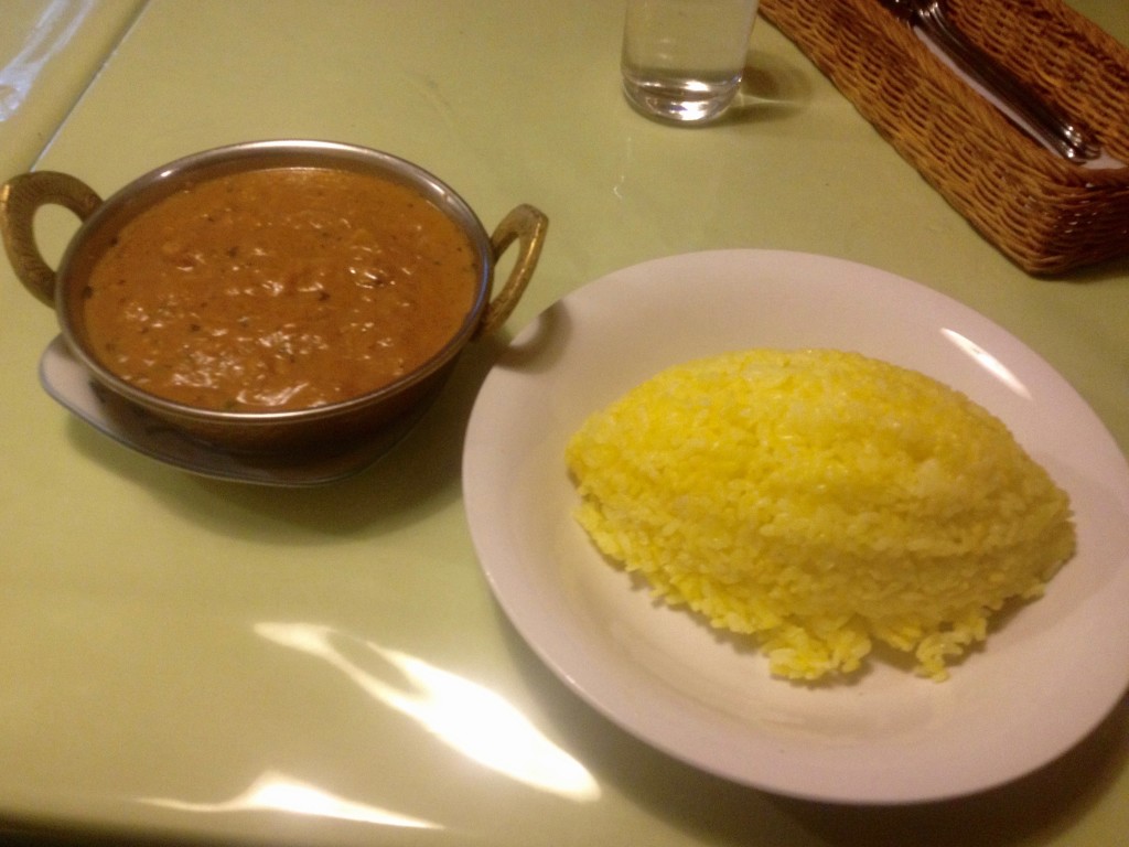 Chicken Curry with Saffron Rice Lunch at Dhrma, around $8. Shinjuku, Tokyo, Japan. Photo taken by Sang Woo Kim, March 22, 2014.  