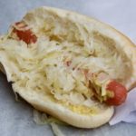 A Sabrett hot dog with sauerkraut and mustard, although "the works" seems most popular.  Photo: Lynn Fantom.